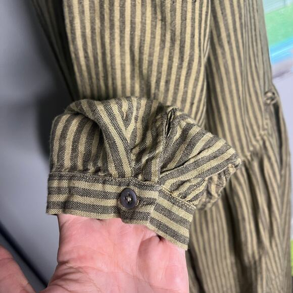 Homefrocks Womens Dress Sz L Olive Brown Stripe Luxe Artisan Linen Made in USA - Picture 6 of 12